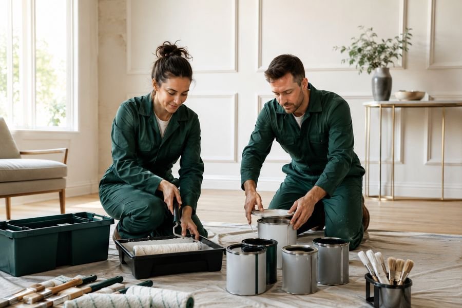Equipo de pintores profesionales preparando material en Calafell