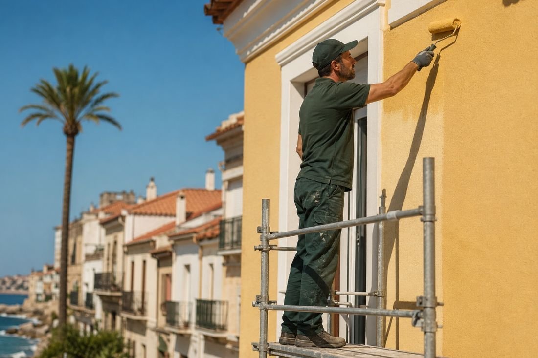Pintor pintando la fachada de una casa junto al mar en Calafell