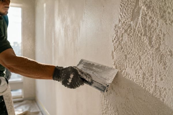 Alisado de una pared con espátula para eliminar el gotelé en Calafell