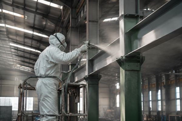 Aplicación de pintura industrial a pistola sobre estructura metálica de una nave