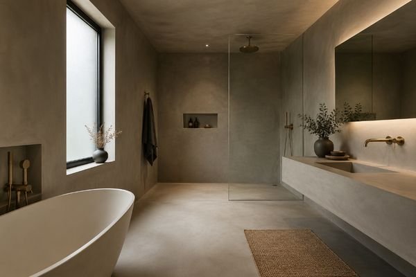 Baño revestido con microcemento continuo en una vivienda de Calafell