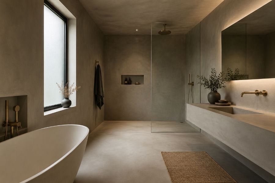 Estancia con revestimiento decorativo continuo en tonos neutros